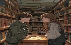 奶酪陷阱韩国漫画场景，男女主角在图书馆相遇，暧昧而紧张的气氛弥漫